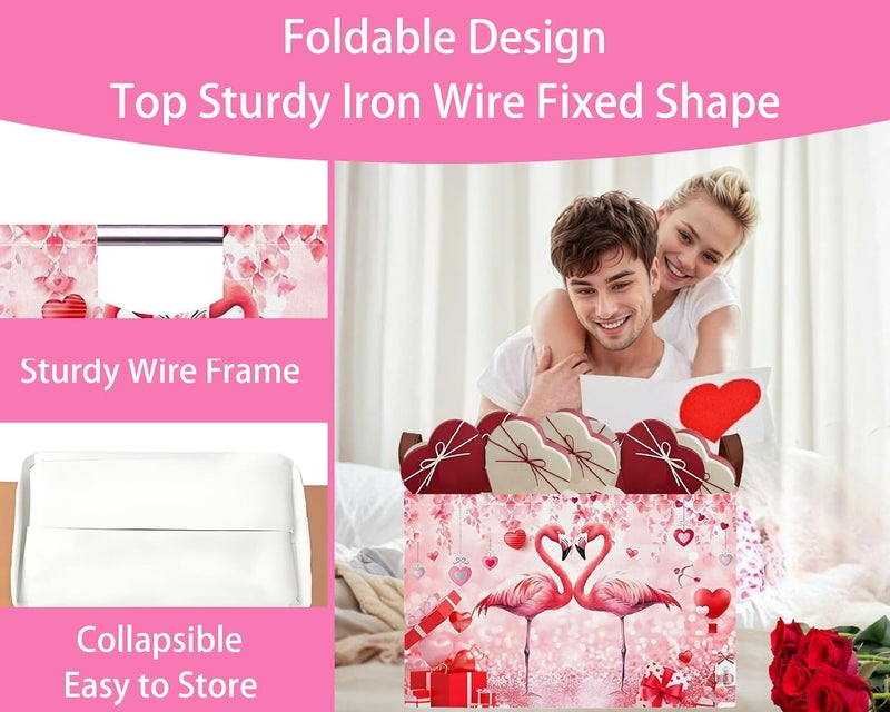 BOOHIT Valentines Day Basket Large Foldable Heart Shaped Storage Box for Gifts Kids Empty Storage Bins Rectangular Toy Organizer Decor (Love Flamingo) - Image 5
